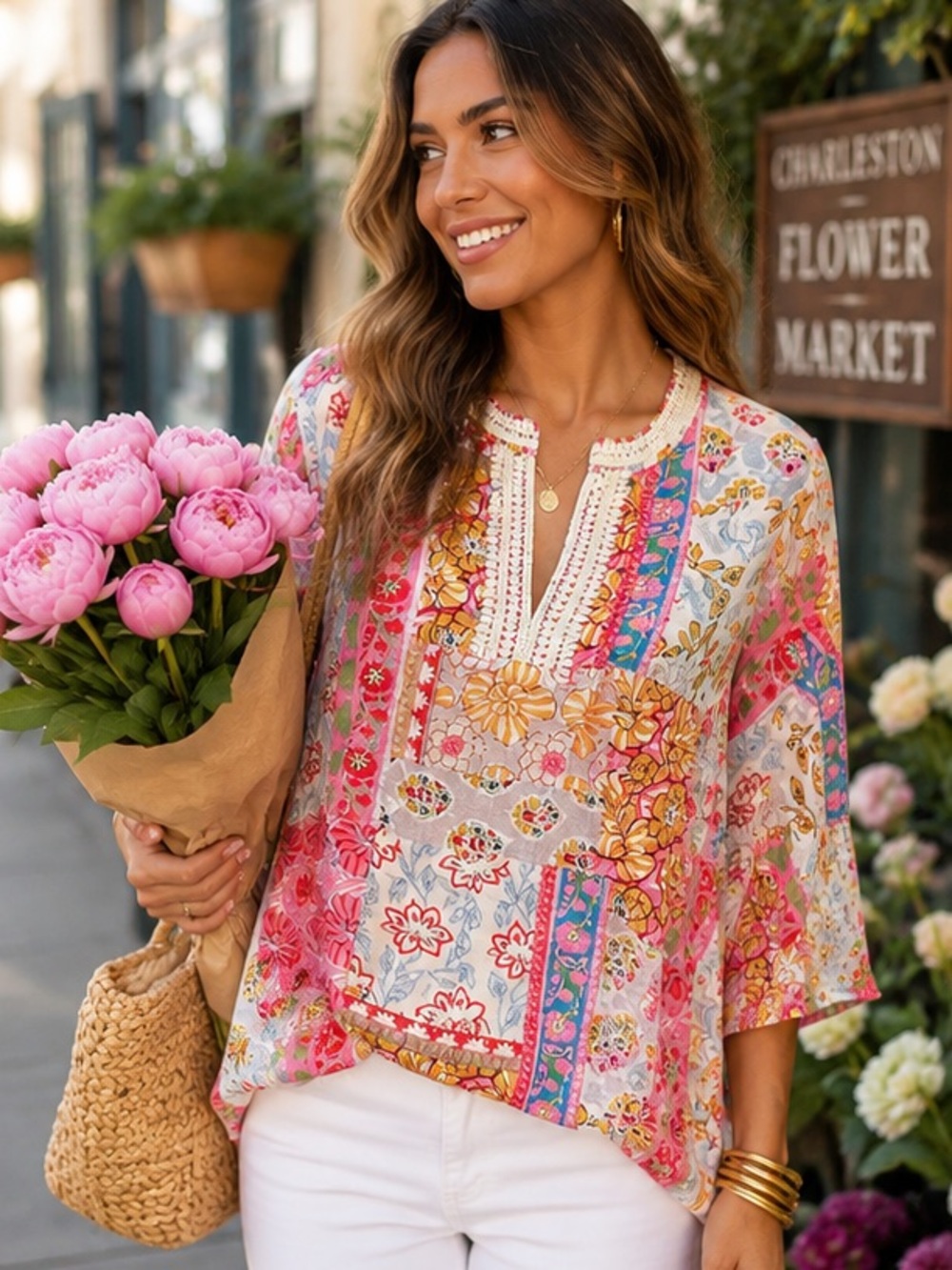 GiGio USA Boho Patchwork Tunic Blouse Crochet Trim Peasant Top Resortwear Size S